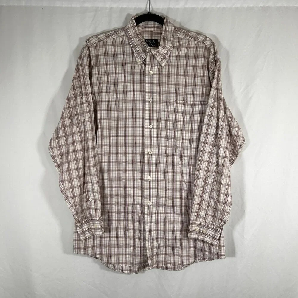 Jos A Bank Dress Shirt Men's Medium White Brown Plaid Button Up Long Sleeve